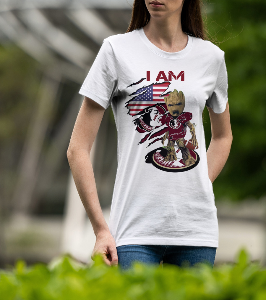 I Am Florida State University Baby Groot With American Flag And Football T-Shirt