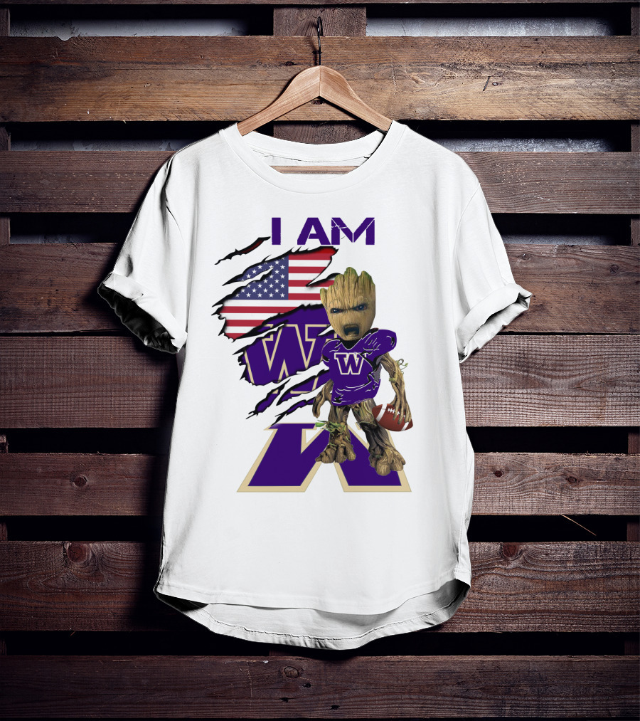 I AM Hukies W Baby Groot Football American Flag T-Shirt