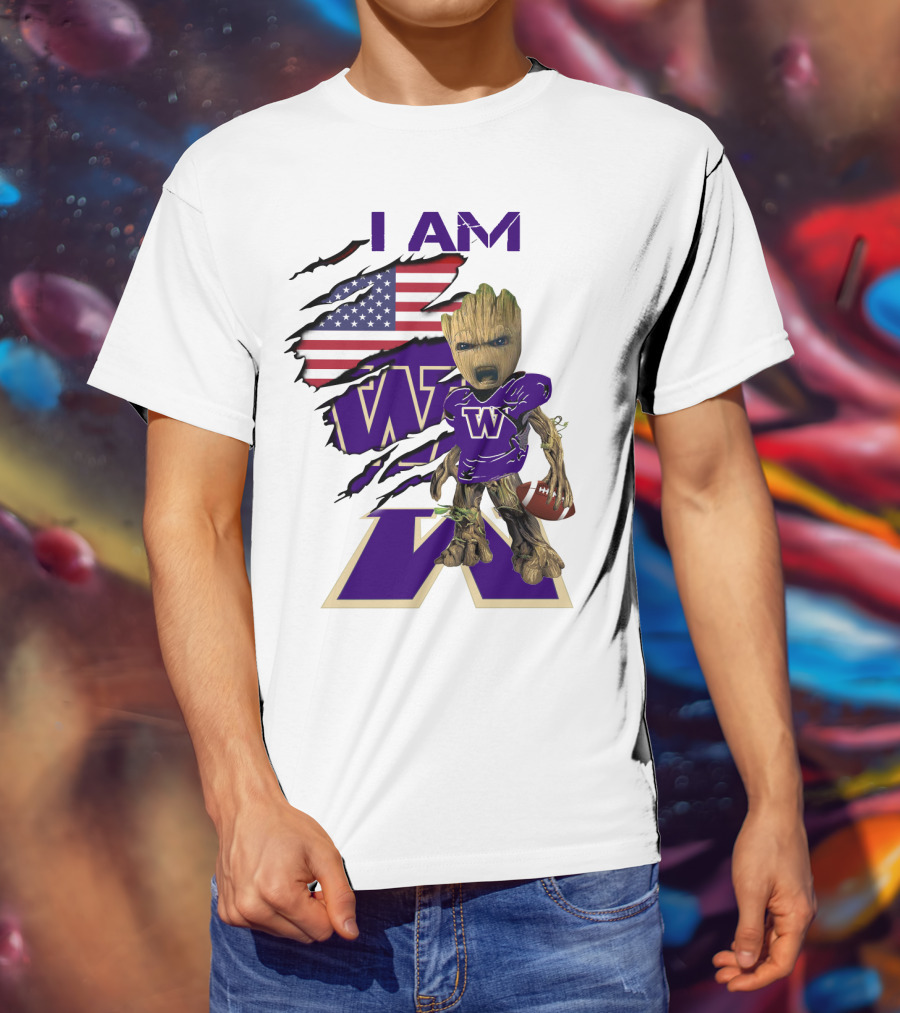 I AM Hukies W Baby Groot Football American Flag T-Shirt