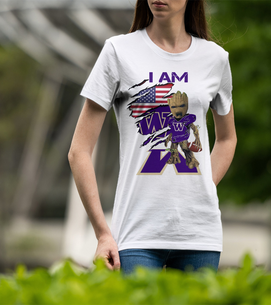 I AM Hukies W Baby Groot Football American Flag T-Shirt