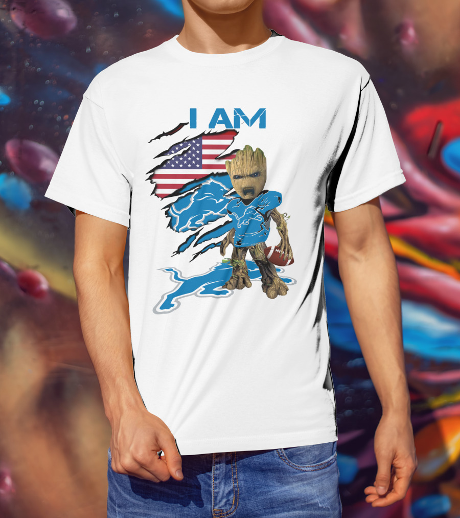I AM Lions Baby Groot Football American Flag T-Shirt