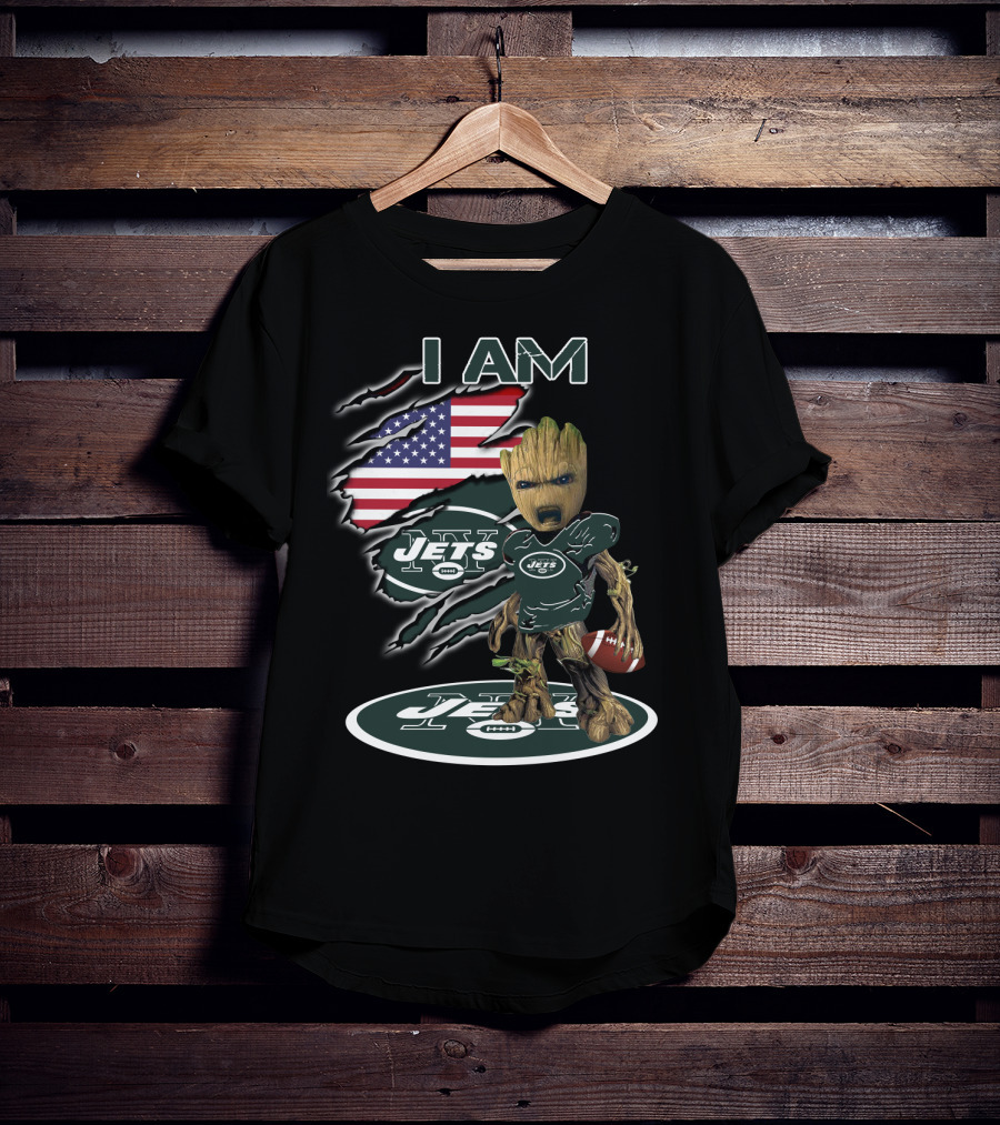 I Am Jets Baby Groot American Flag Football T-Shirt