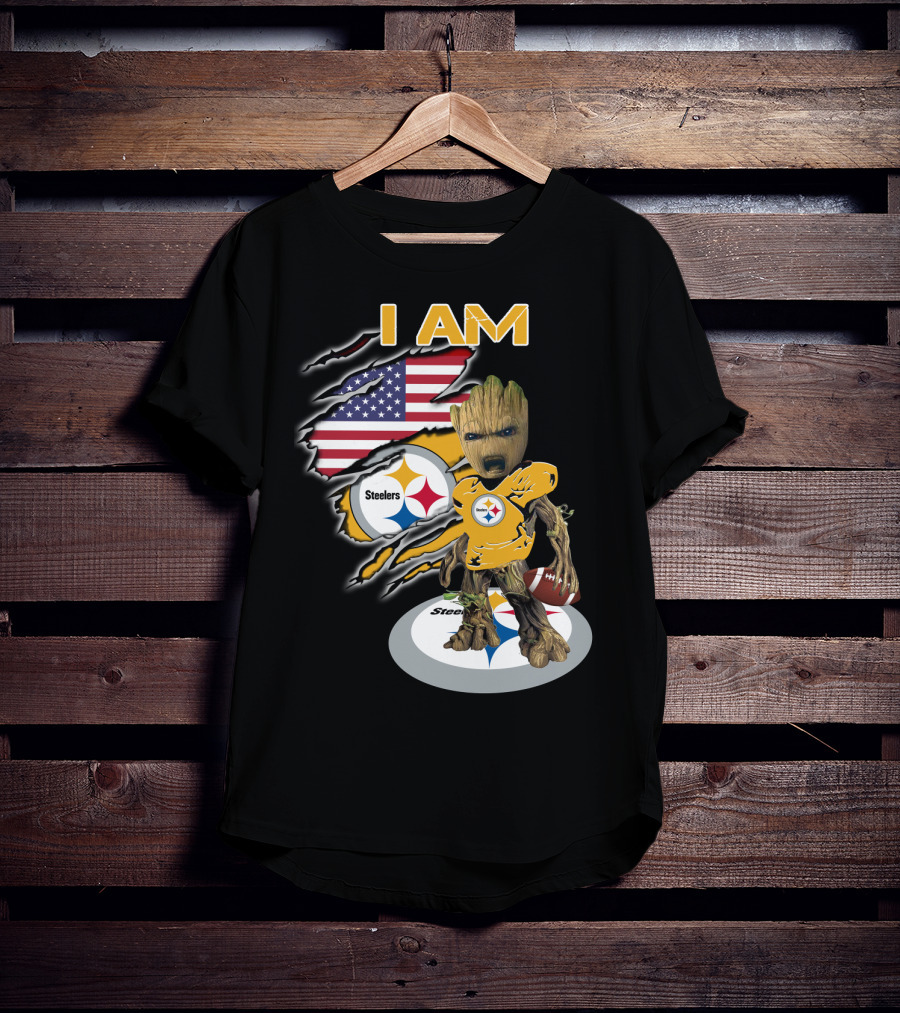 I Am Steelers Baby Groot American Flag Football Nfl Character T-Shirt