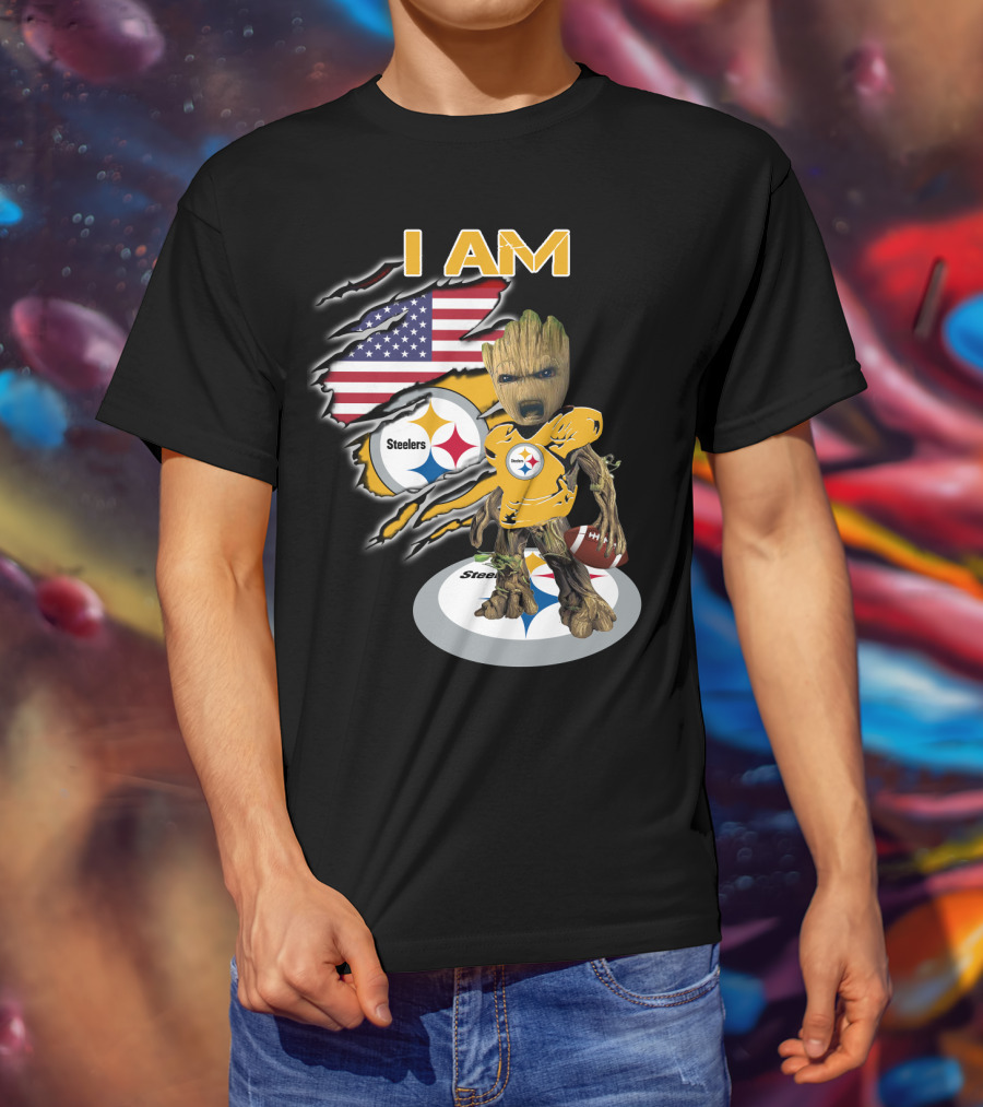 I Am Steelers Baby Groot American Flag Football Nfl Character T-Shirt