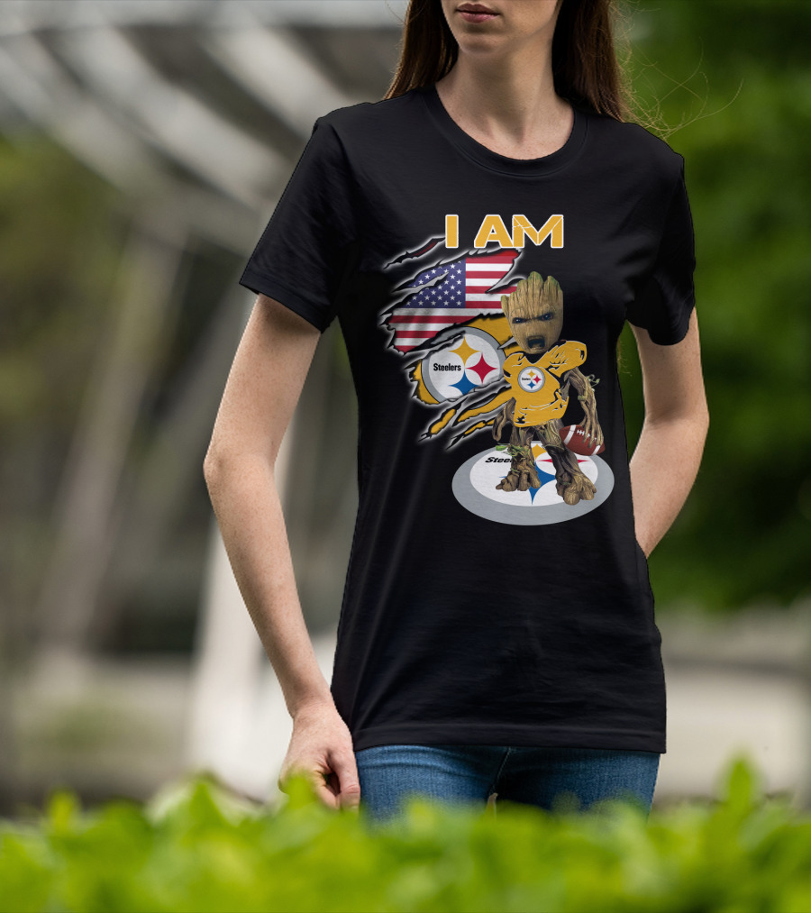 I Am Steelers Baby Groot American Flag Football Nfl Character T-Shirt