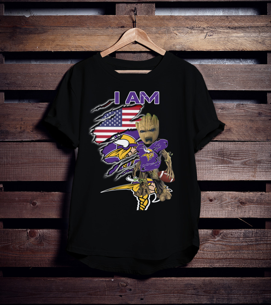 I AM Vikings Baby Groot American Flag Football T-Shirt