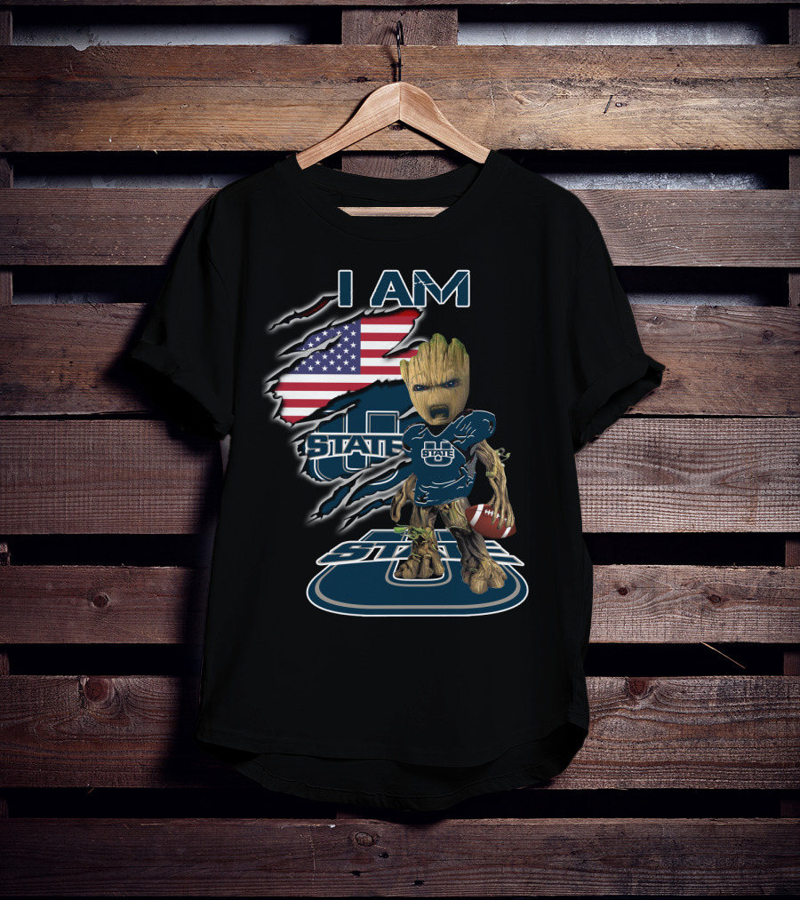 I AM Utah State Baby Groot Football American Flag T-Shirt