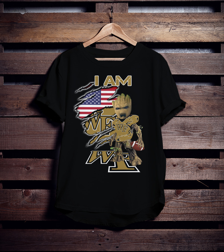 I Am Wf Wake Forest Baby Groot American Flag Football T-Shirt