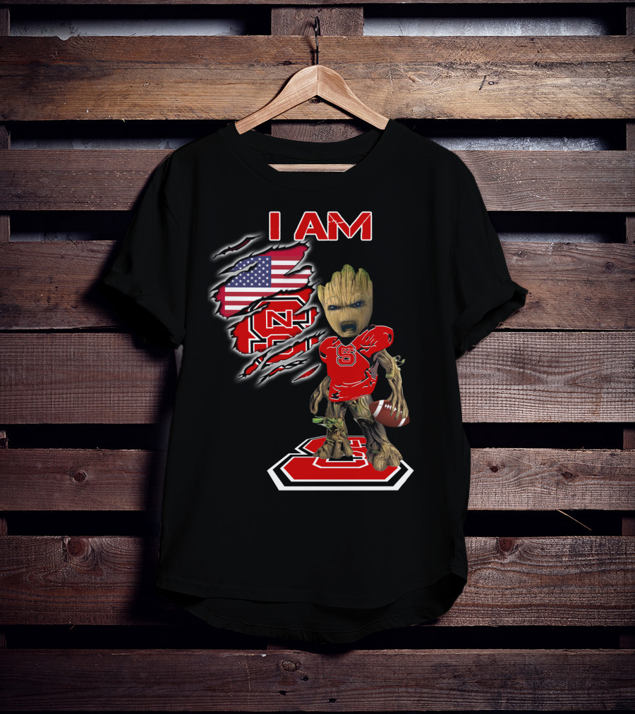 I Am Nc State Baby Groot Football American Flag Usa T-Shirt
