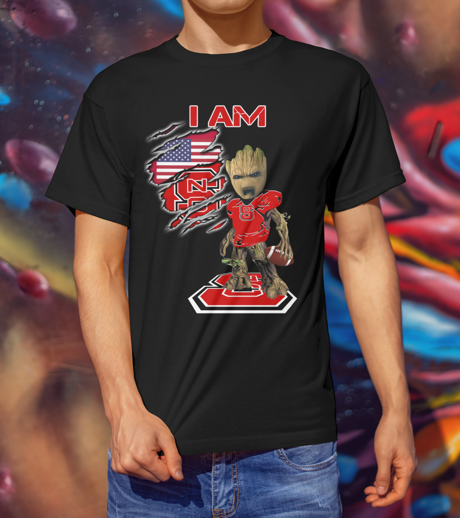 I Am Nc State Baby Groot Football American Flag Usa T-Shirt
