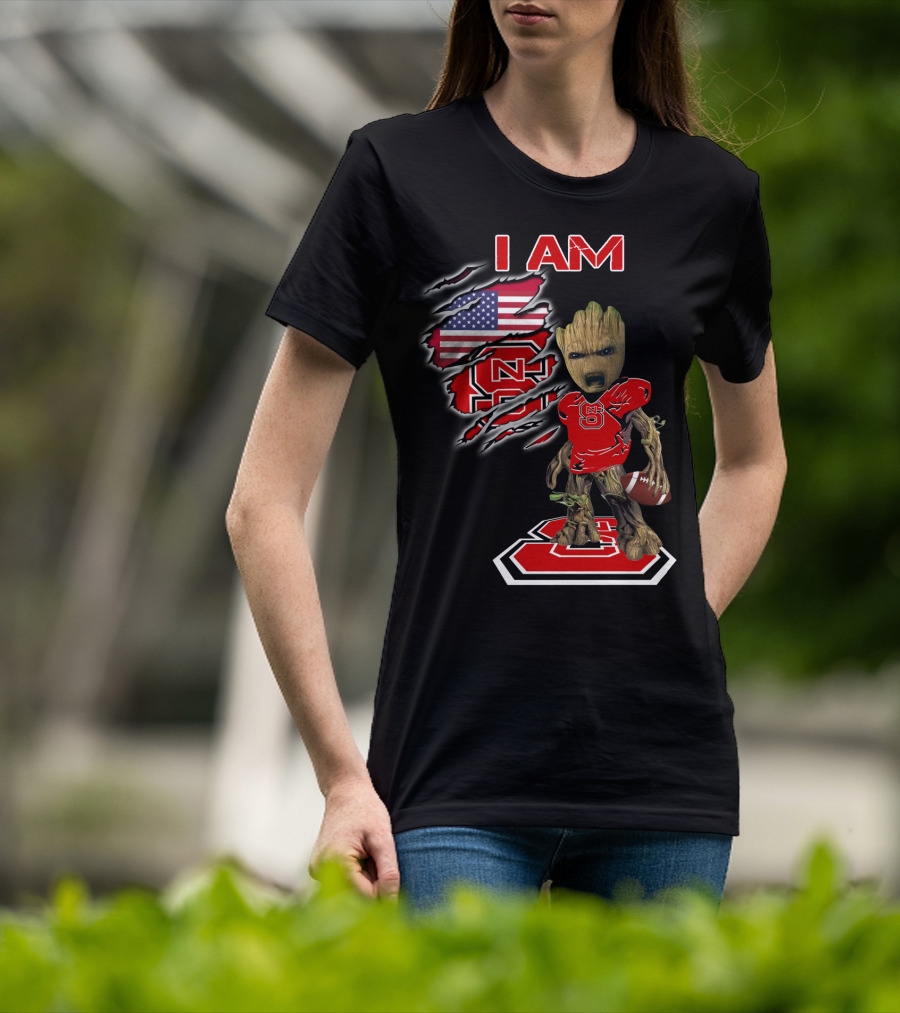 I Am Nc State Baby Groot Football American Flag Usa T-Shirt