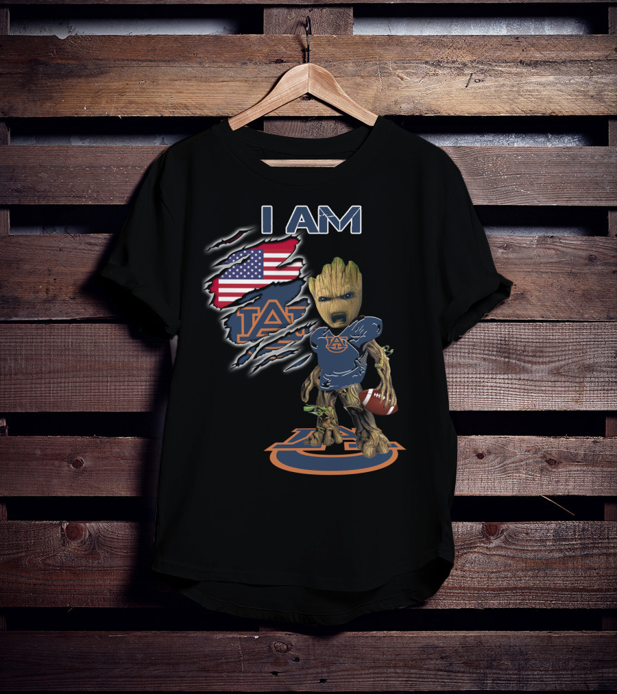 I Am Auburn Baby Groot Football USA Flag T-Shirt