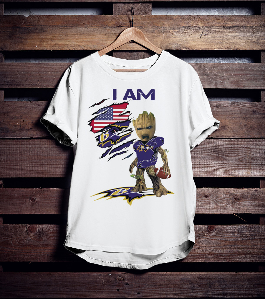 I Am Baby Groot Baltimore Ravens American Flag Football T-Shirt