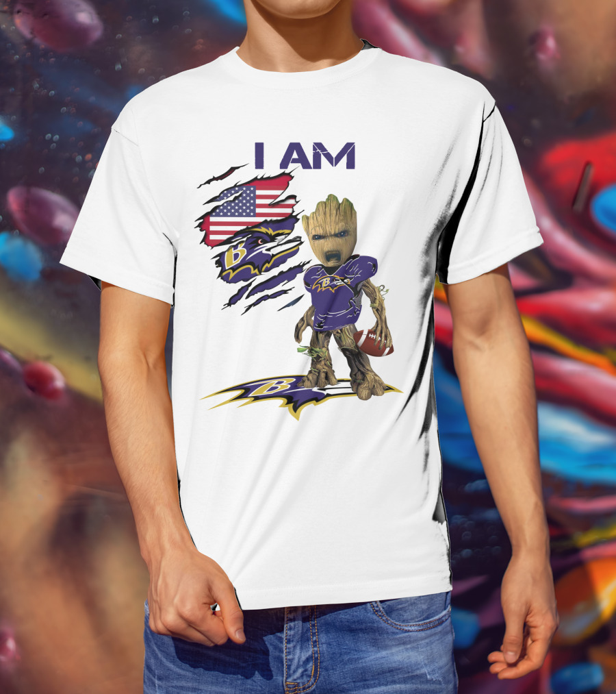 I Am Baby Groot Baltimore Ravens American Flag Football T-Shirt