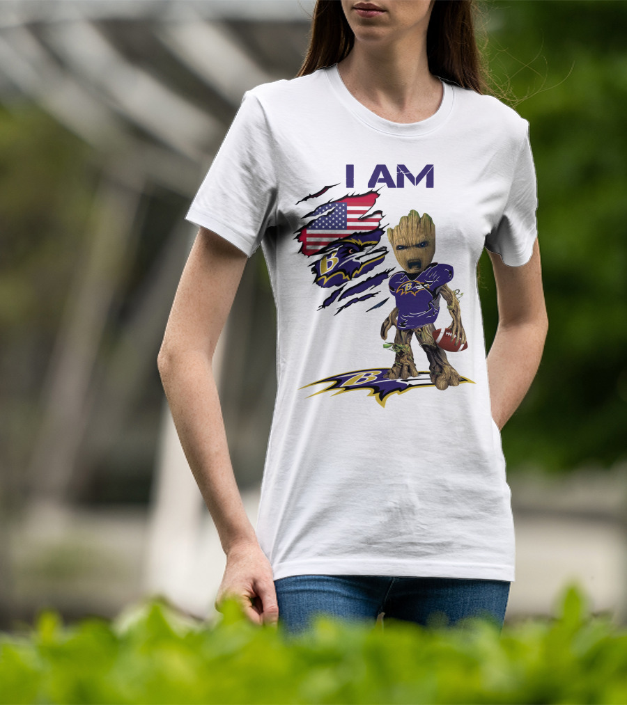 I Am Baby Groot Baltimore Ravens American Flag Football T-Shirt