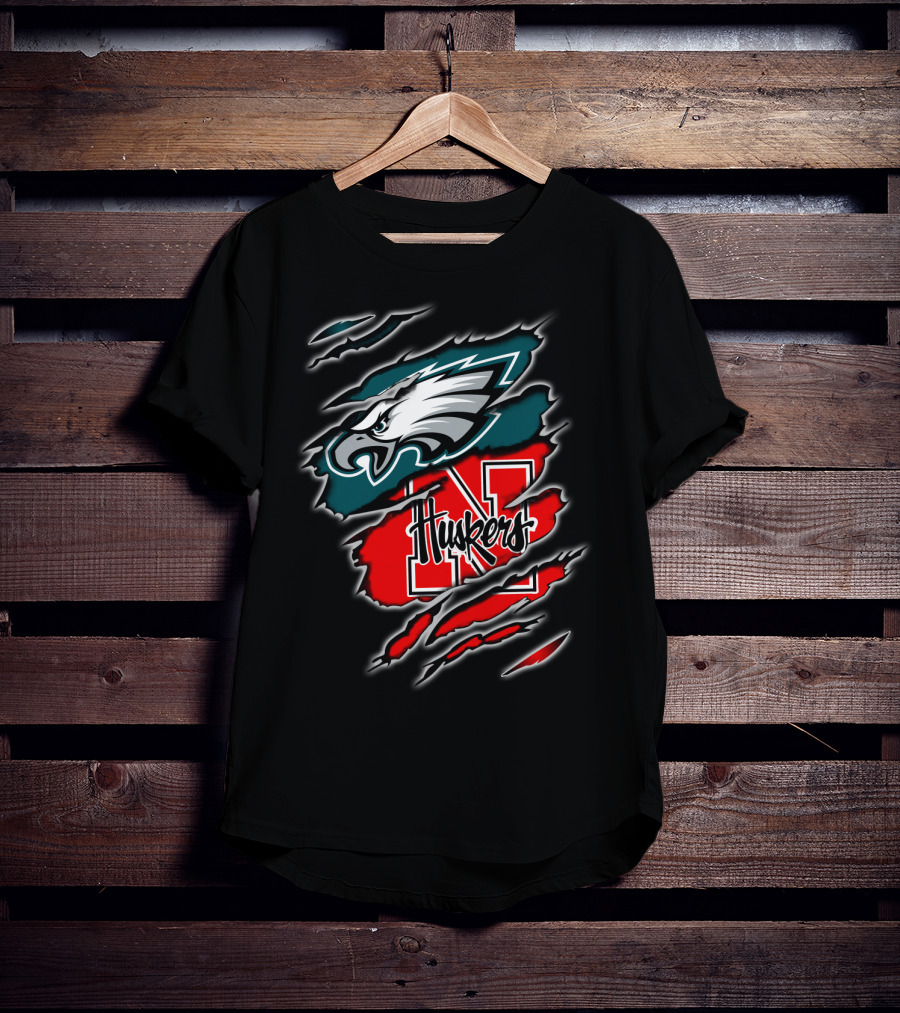 Philadelphia Eagles Nebraska Huskers Football Fan Logo Torn T-Shirt