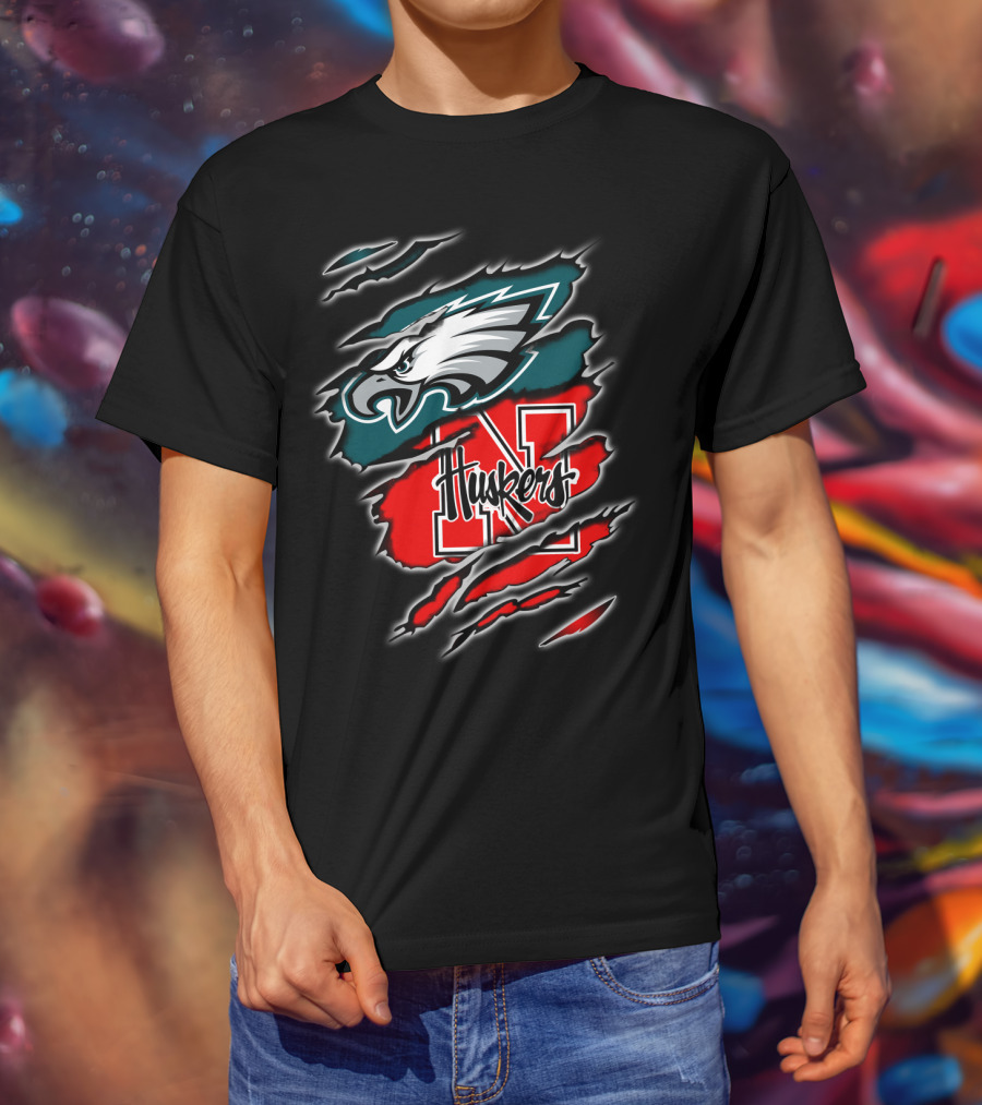 Philadelphia Eagles Nebraska Huskers Football Fan Logo Torn T-Shirt