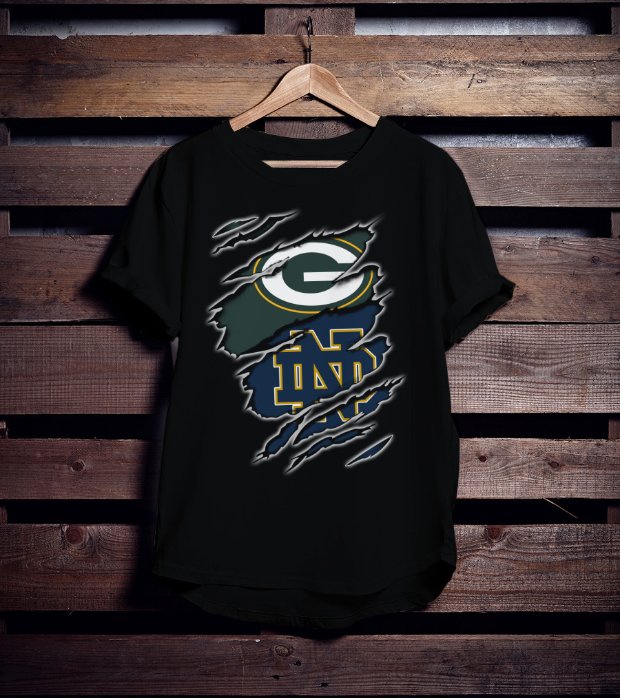 Packers G Green Bay Notre Dame Nd Blue Gold Logo Ripped Torn T-Shirt