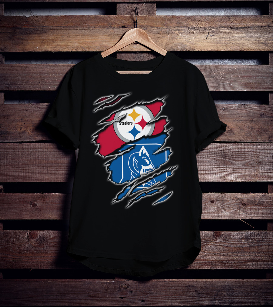 Steelers Duke Blue Devils Ripped Emblem Combination T-Shirt