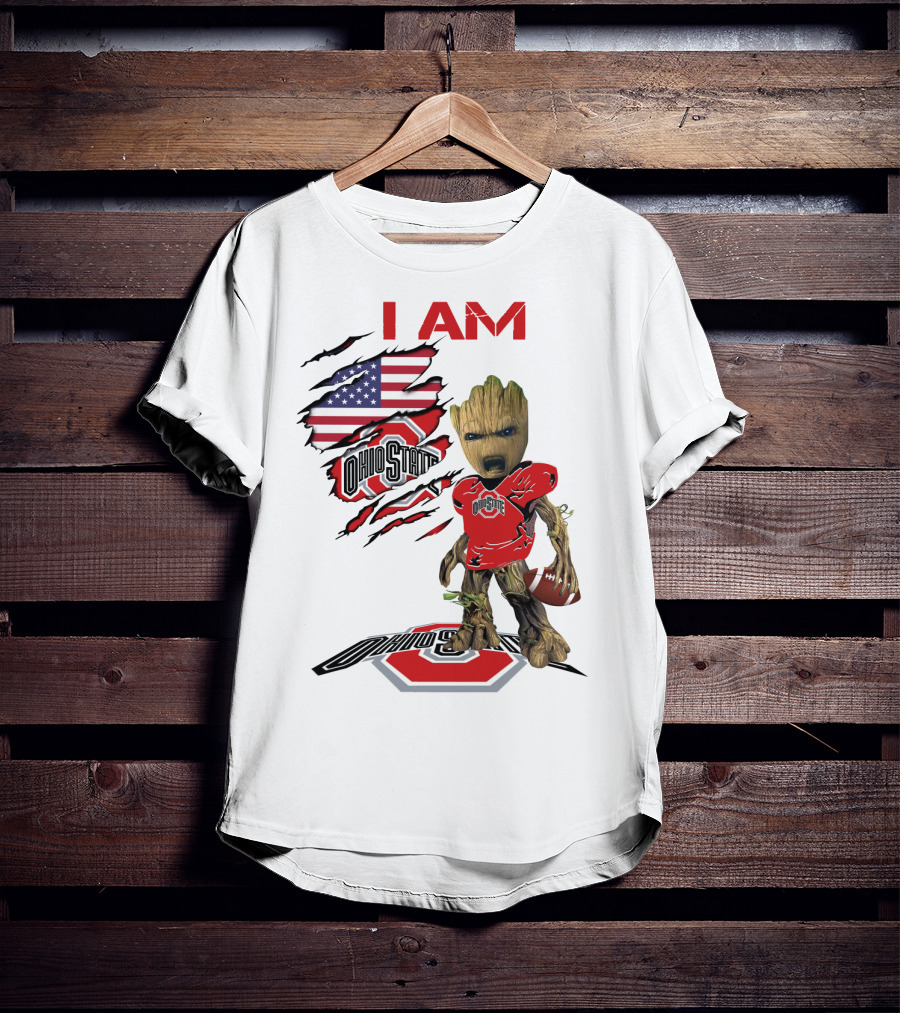 I Am Ohio State Baby Groot Football American Flag T-Shirt