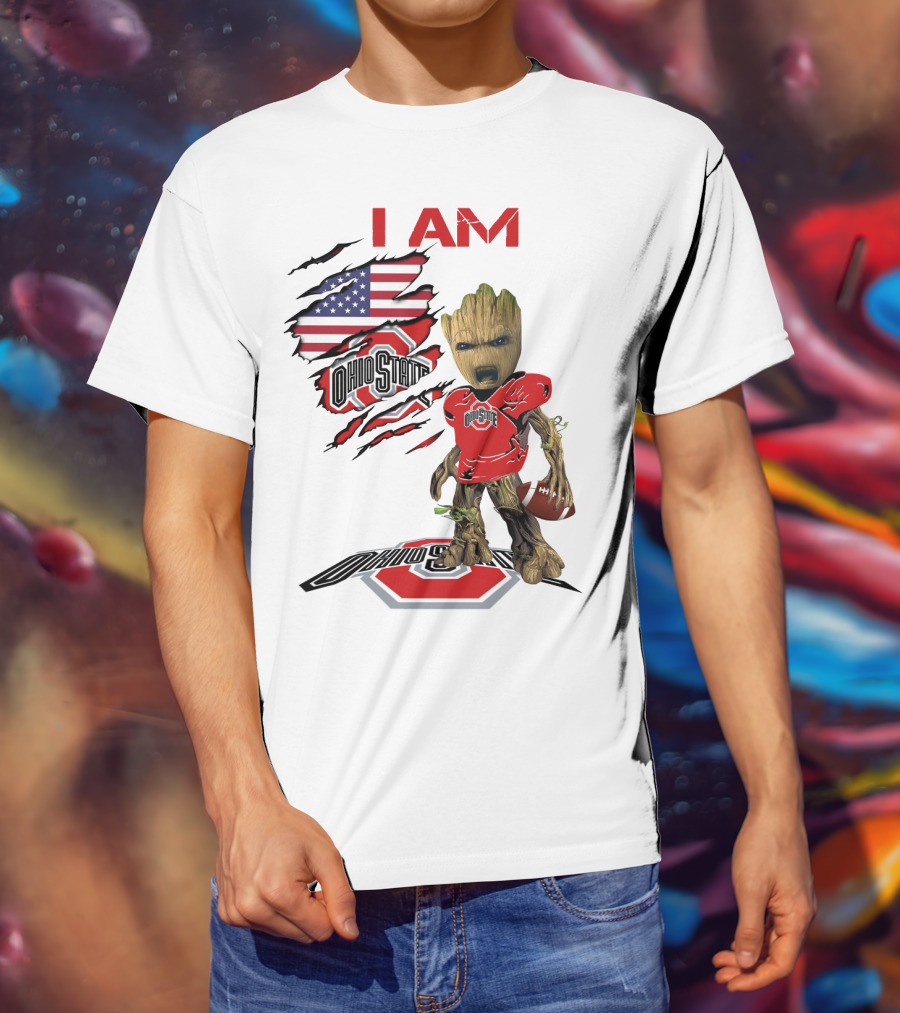 I Am Ohio State Baby Groot Football American Flag T-Shirt