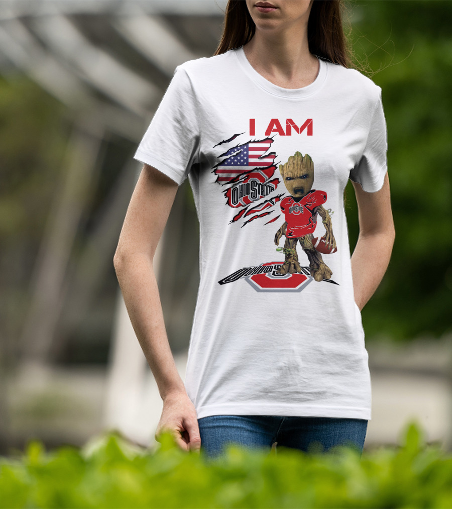 I Am Ohio State Baby Groot Football American Flag T-Shirt