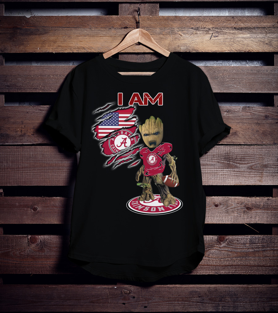I Am Alabama Crimson Tide Football Fan Groot American Flag T-Shirt