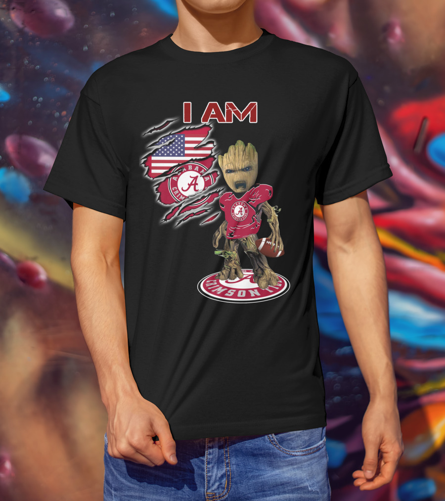 I Am Alabama Crimson Tide Football Fan Groot American Flag T-Shirt