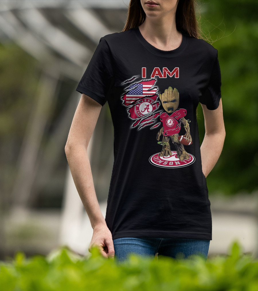 I Am Alabama Crimson Tide Football Fan Groot American Flag T-Shirt
