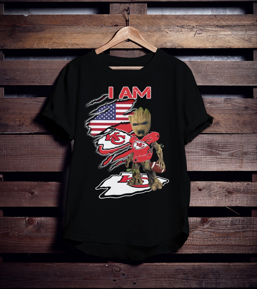 I Am Kc Chiefs Groot American Football Fan Usa Flag T-Shirt