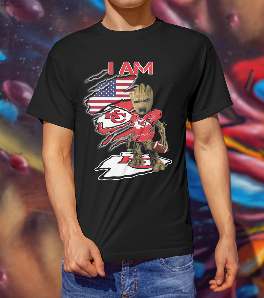I Am Kc Chiefs Groot American Football Fan Usa Flag T-Shirt