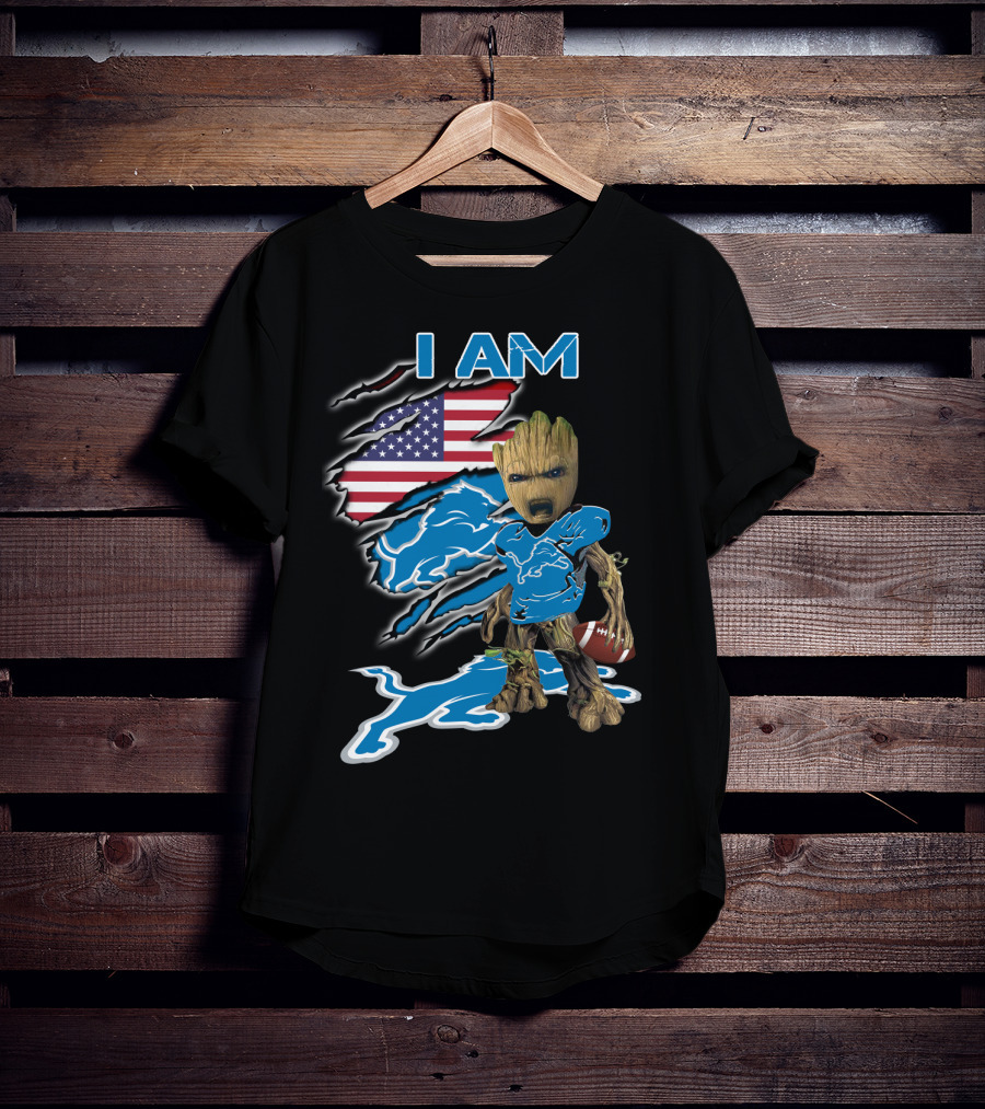 I Am Groot Detroit Lions Fan Football American Flag T-Shirt