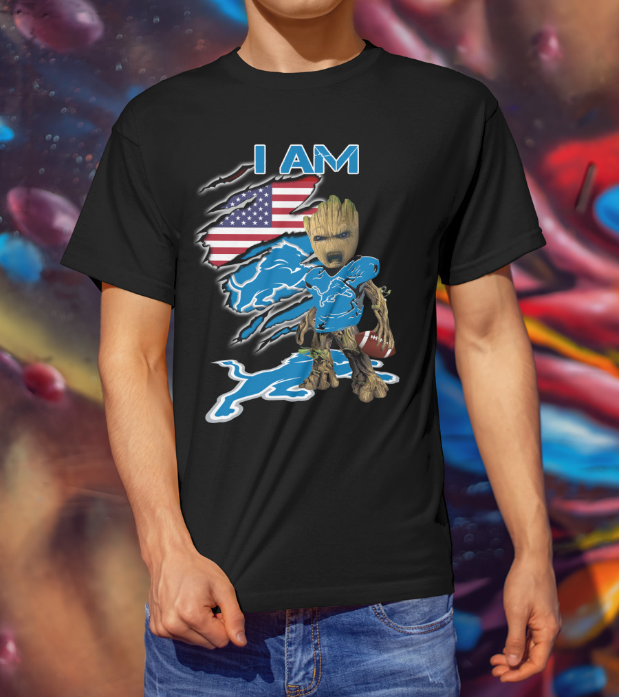 I Am Groot Detroit Lions Fan Football American Flag T-Shirt