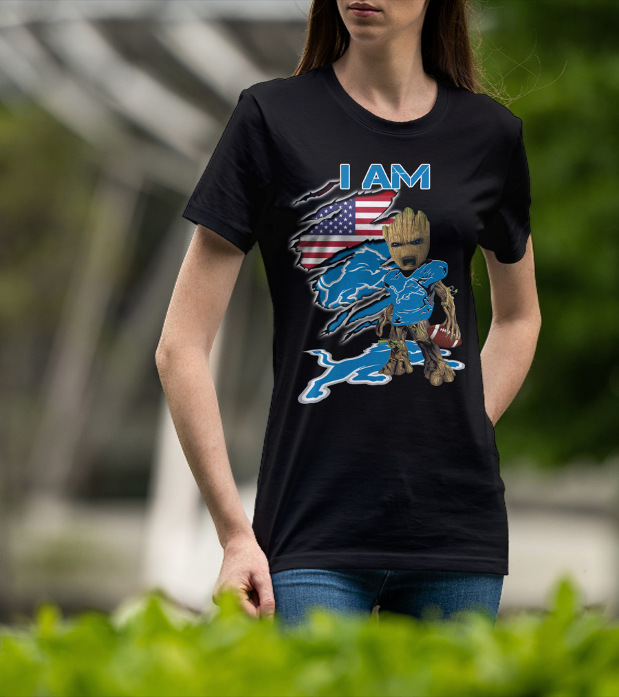 I Am Groot Detroit Lions Fan Football American Flag T-Shirt