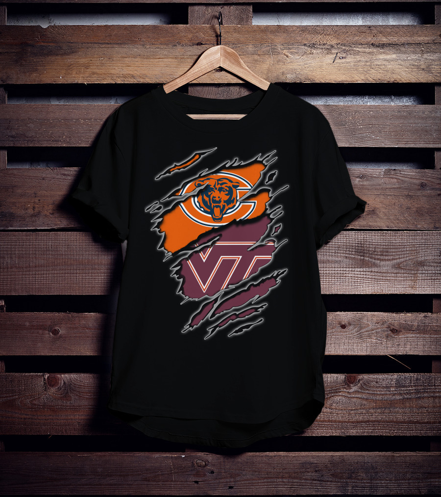 Chicago Bears And Virginia Tech Hokies Rip Claw Logo Fusion T-Shirt