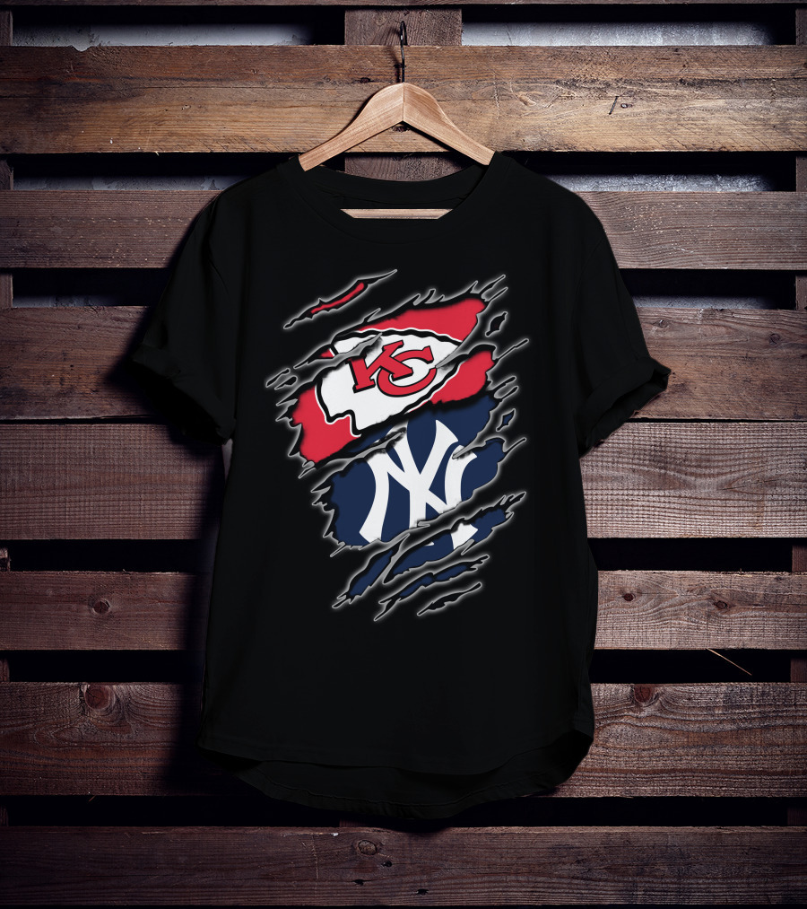 Kansas City Chiefs New York Yankees Torn Logo Mashup T-Shirt