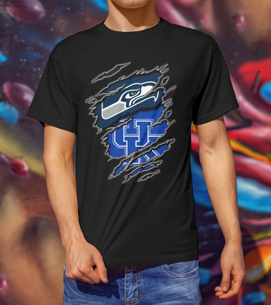 Seahawks Uk Blue Claw Mark Logo Ripped Effect T-Shirt