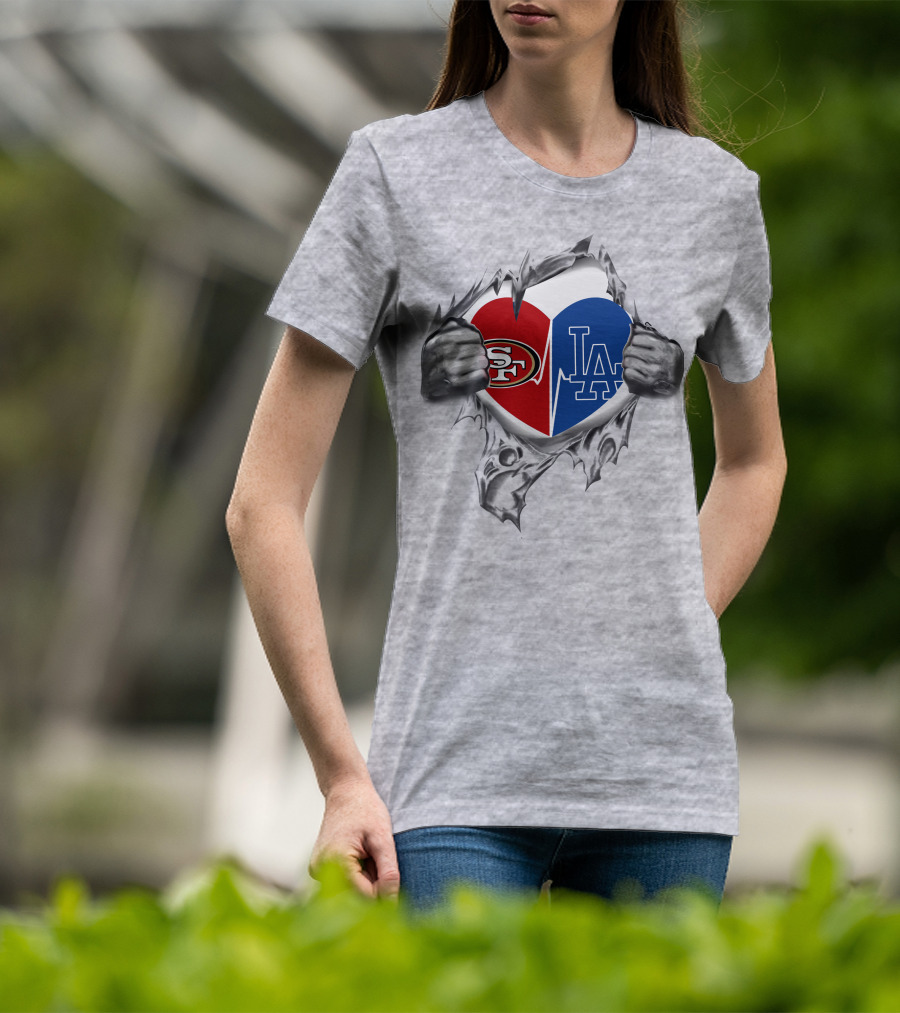 49ers La Dodgers Heart Logo Peeling T-Shirt