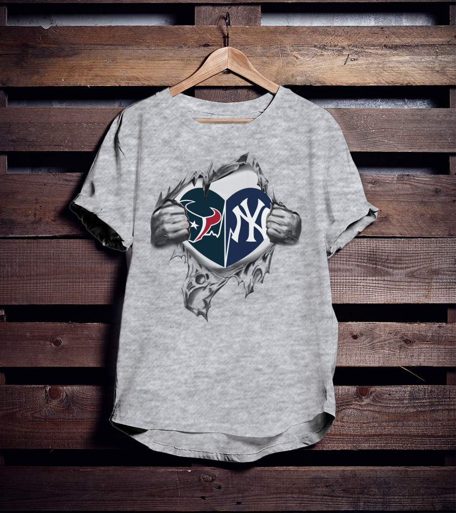 Texans Yankees NFL And MLB Split Heart T-Shirt