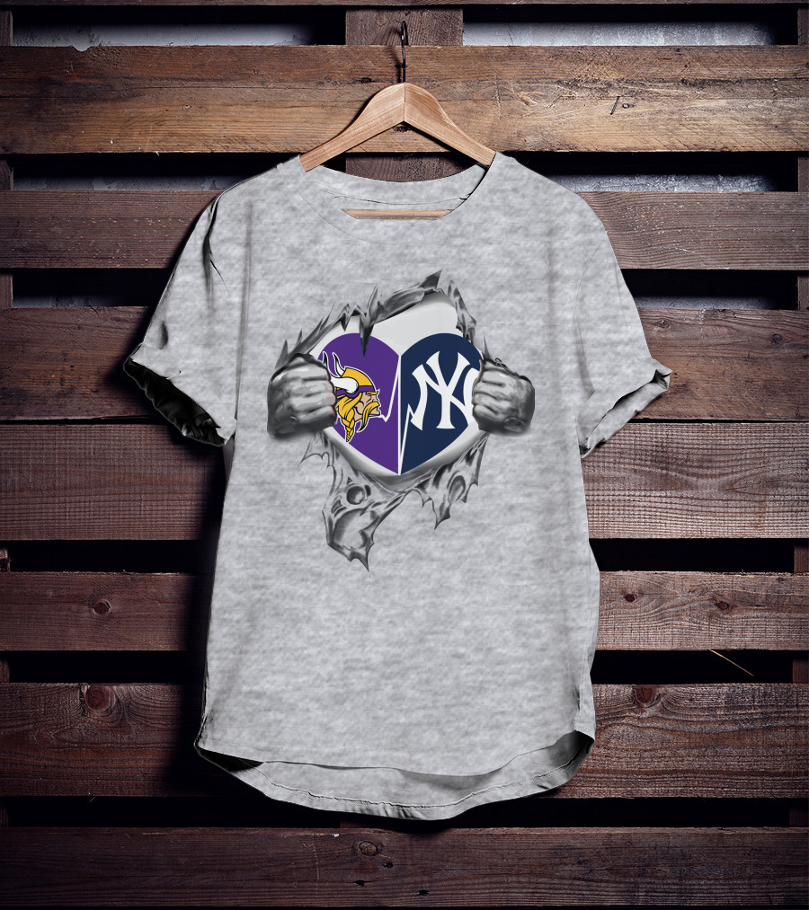 Vikings Yankees Heart Logo Torn Reveal T-Shirt