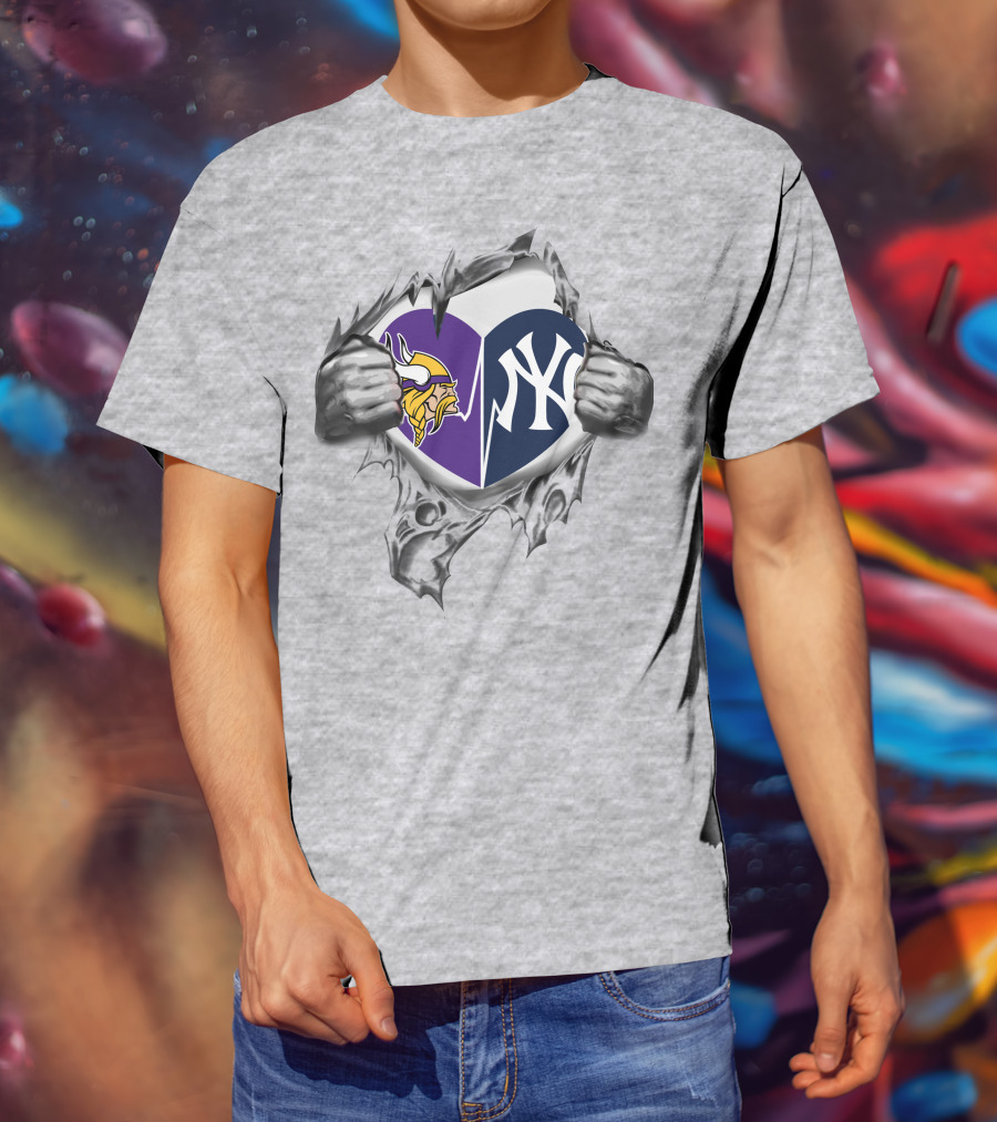 Vikings Yankees Heart Logo Torn Reveal T-Shirt