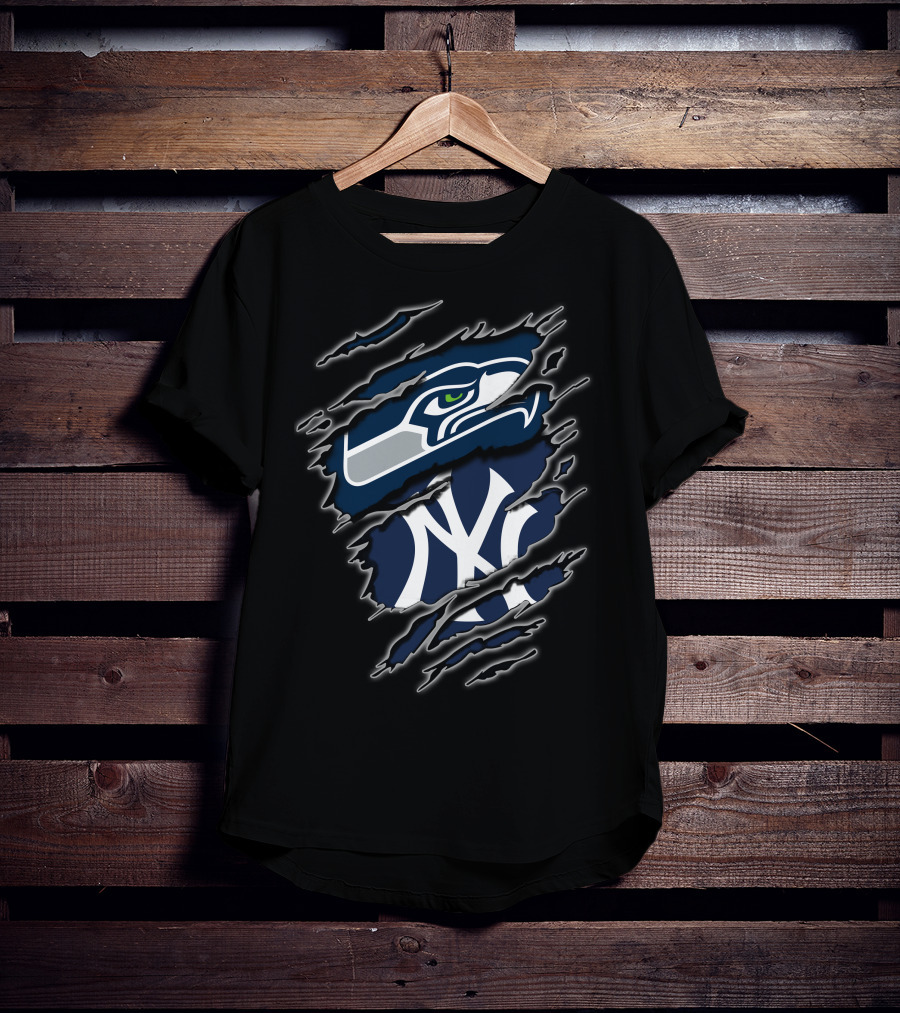 Seattle Seahawks New York Yankees Nfl Mlb Crossover Logo Fusion T-Shirt