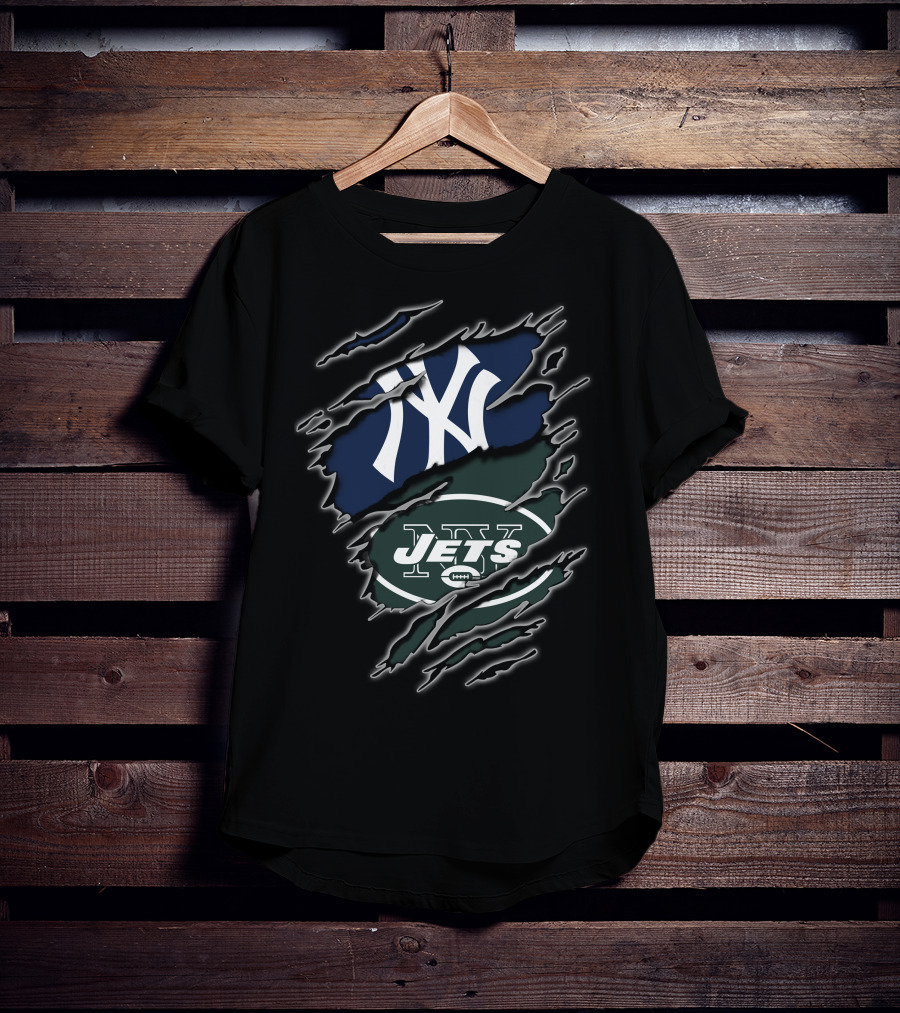 Yankees Jets Dual Logo Graphic With Torn Effect T-Shirt