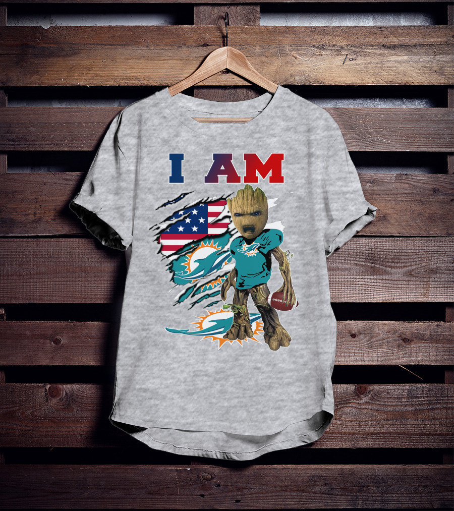 I Am Dolphins Football Groot American Flag T-Shirt