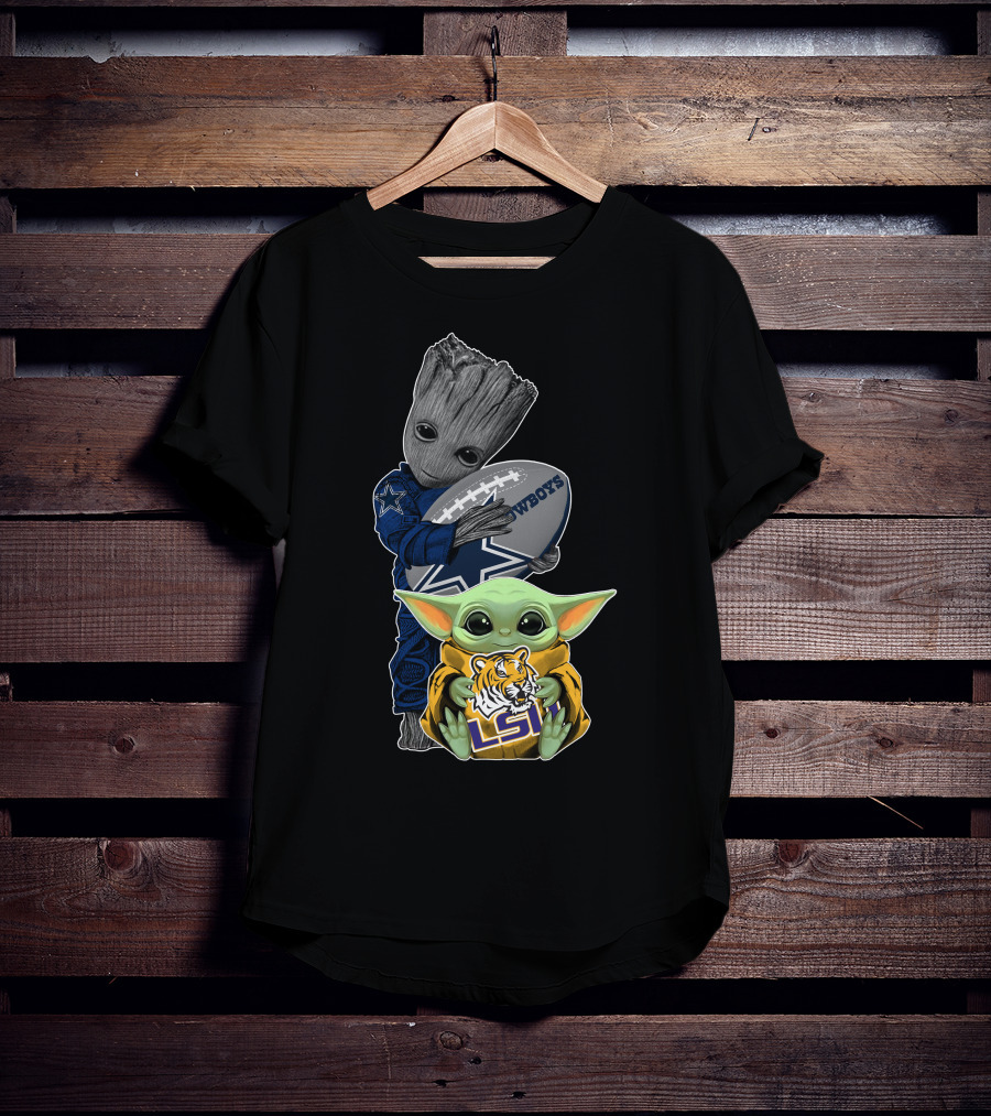 Groot Holding Cowboys Football With Baby Yoda In Lsu Attire T-Shirt