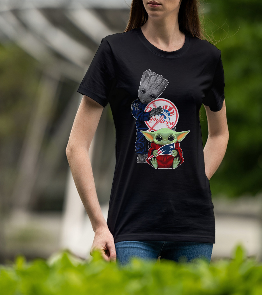 Groot And Baby Yoda With Yankees And Patriots Elements T-Shirt