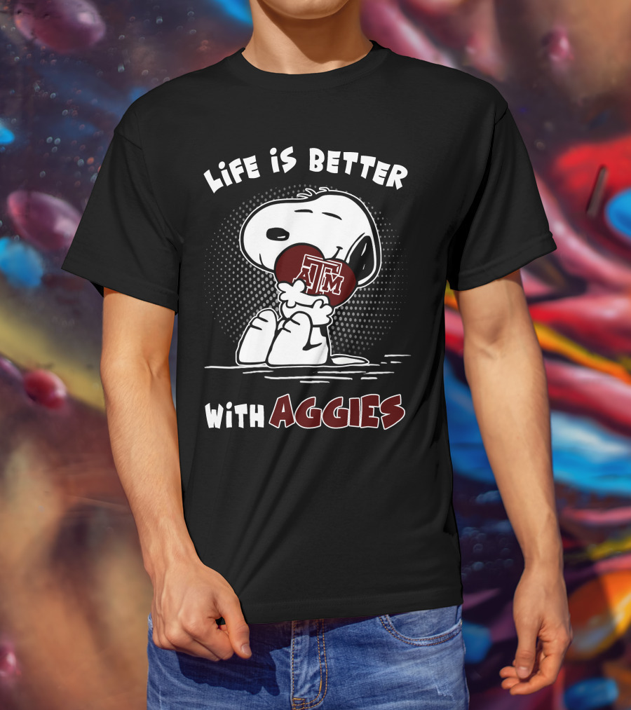 Life Is Better With Aggies Texas A&M Snoopy Hugging Football T-Shirt