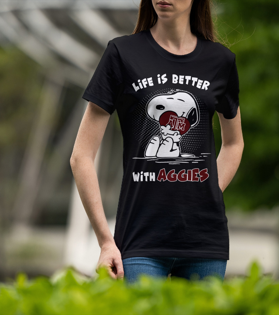 Life Is Better With Aggies Texas A&M Snoopy Hugging Football T-Shirt