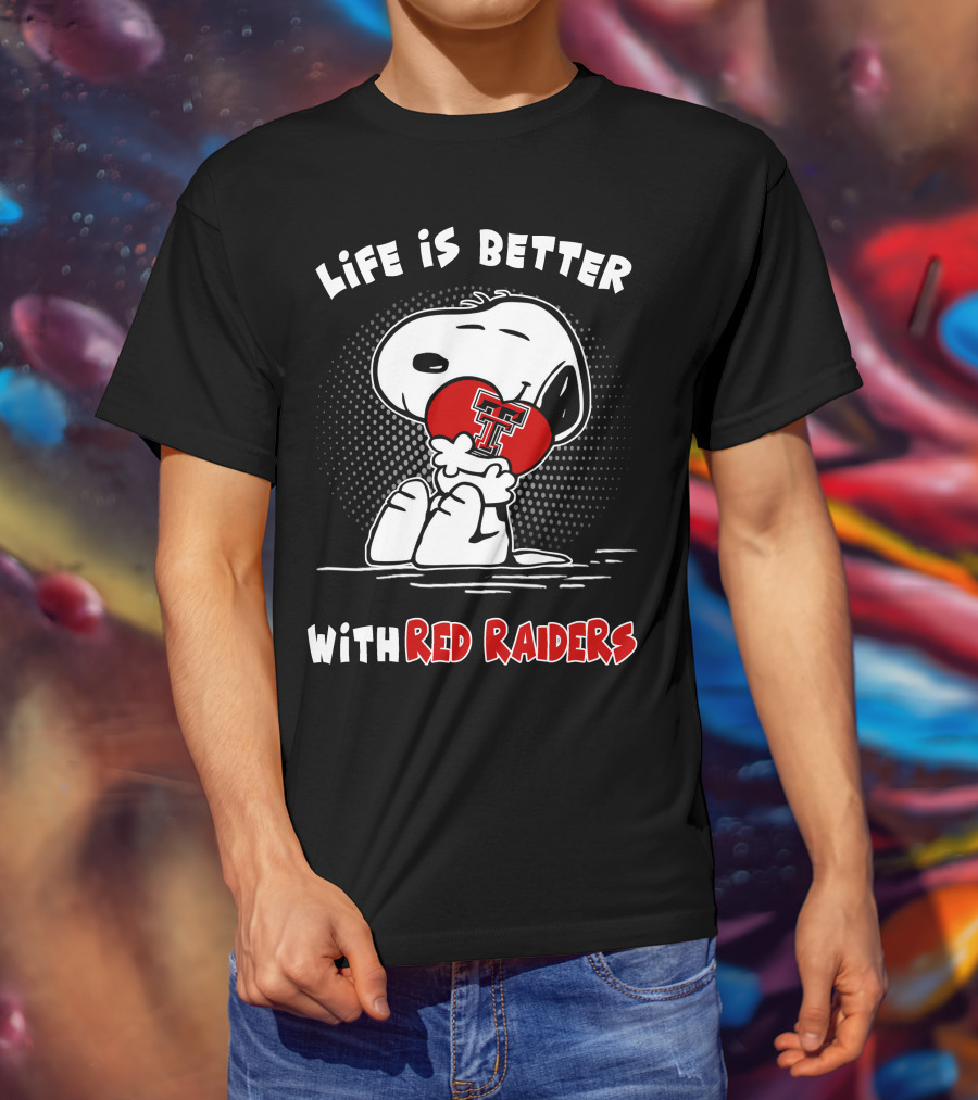 Life Is Better With Red Raiders Snoopy Hugging Texas Tech Heart T-Shirt