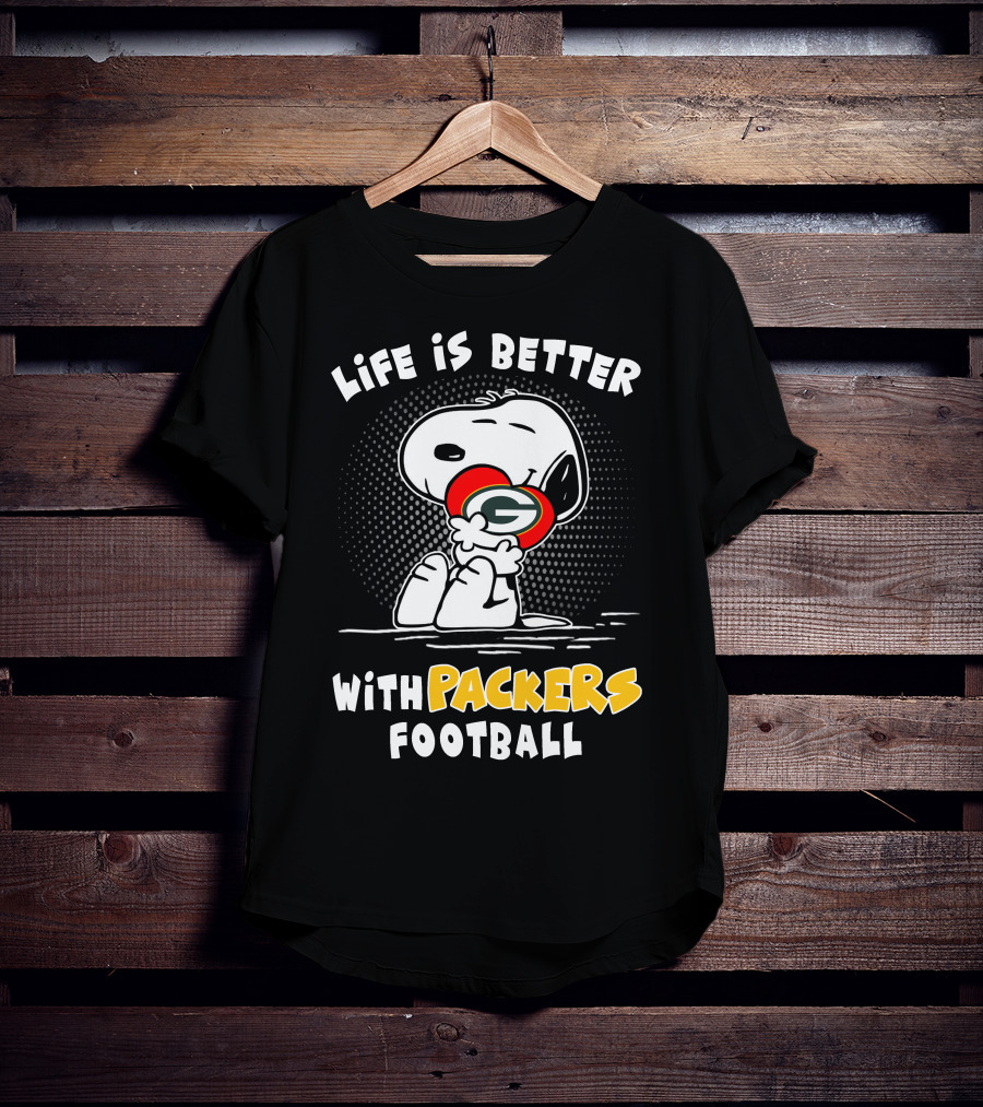 Life Is Better With Packers Football Snoopy Hugging Packers Helmet T-Shirt